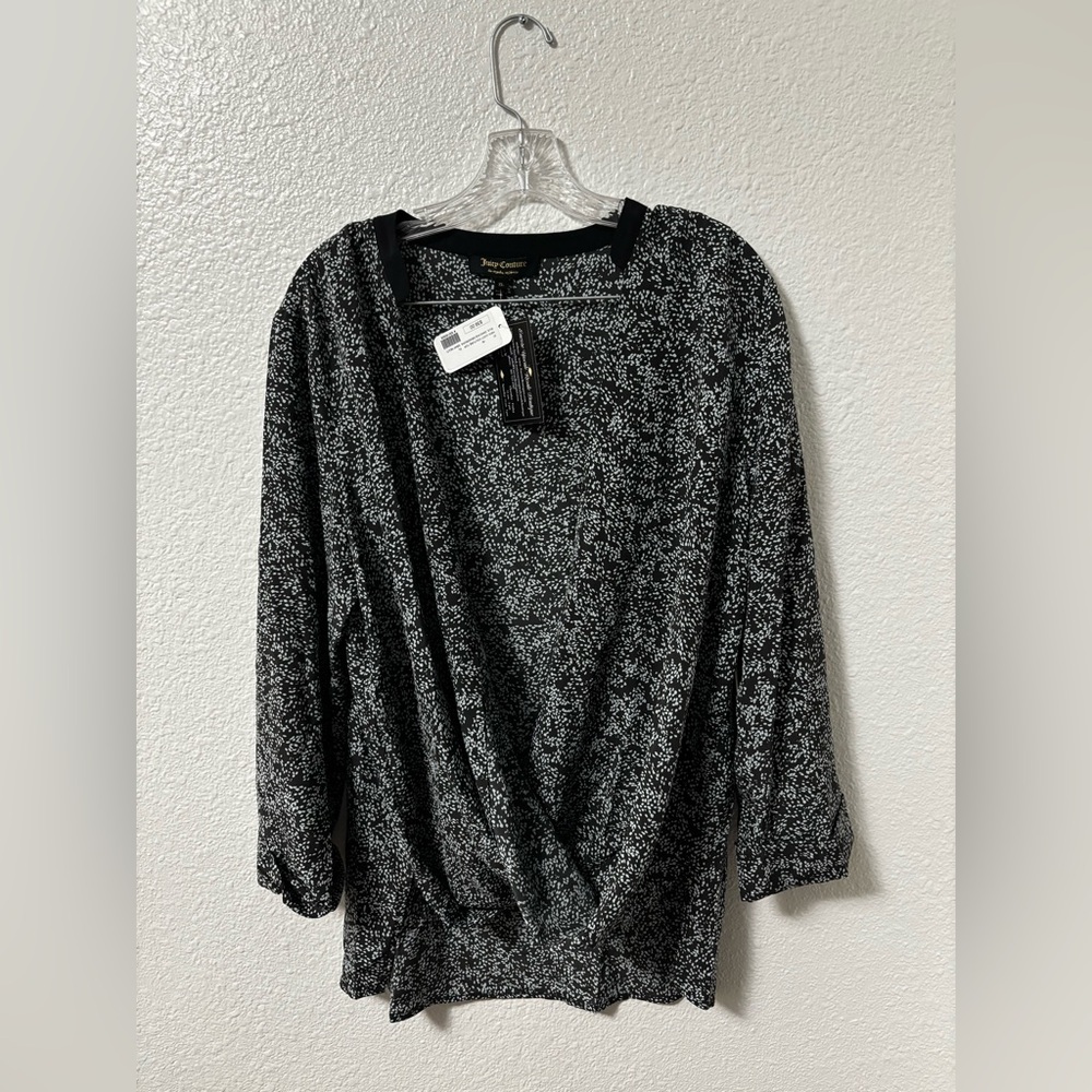 Juicy Couture Black and White Speckled Drape-Front Blouse